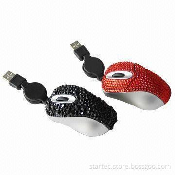 Mini Retractable Diamond Optical Mice, Crystal Gift Mouse, Suitable for Laptop and Computer